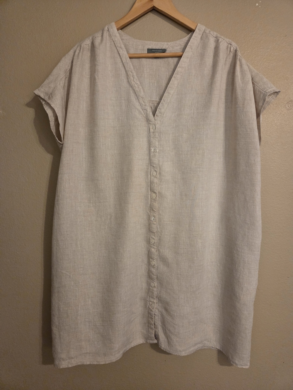 GRADE & GATHER Light Khaki 100% Linen Button Down Lagenlook Shift Dress Womens M